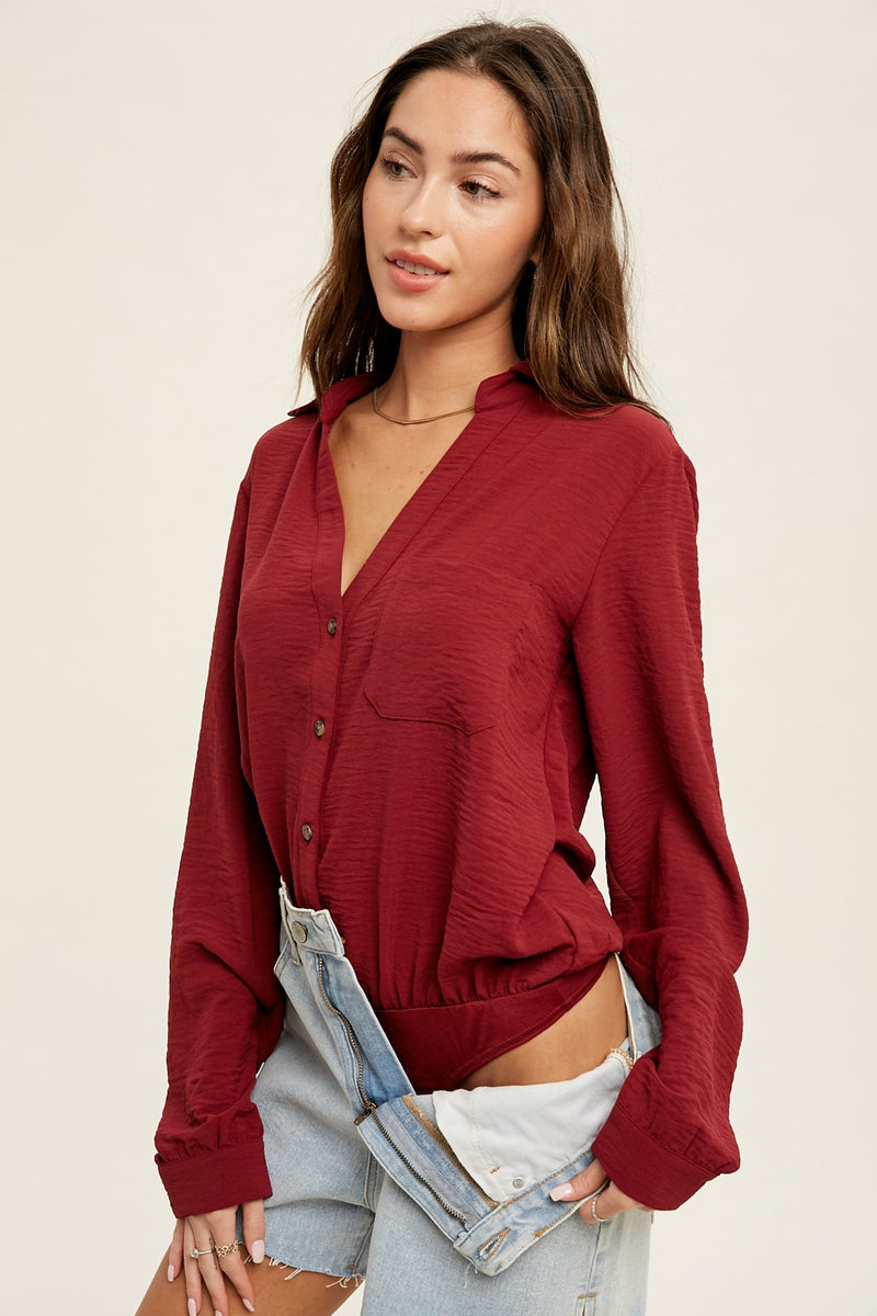Peyton button up bodysuit with front pocket