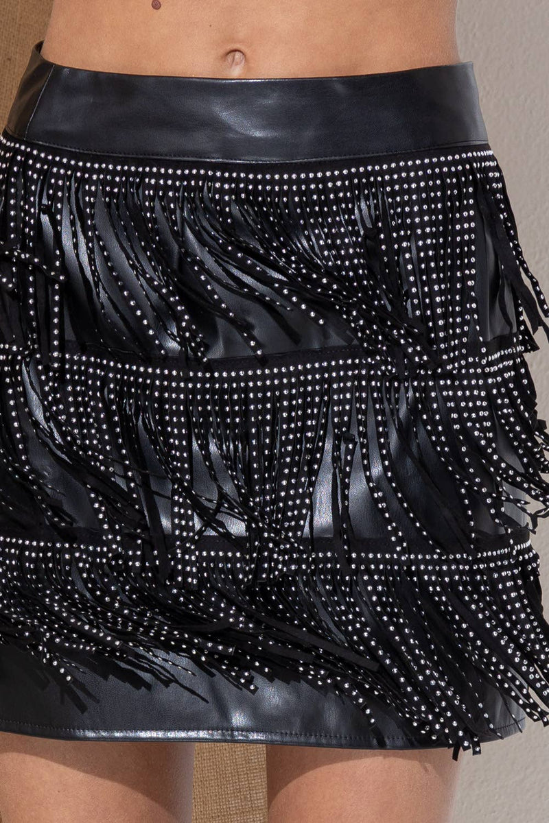 Carrie Faux Leather Stud Fringe Mini Skirt Side Zipper