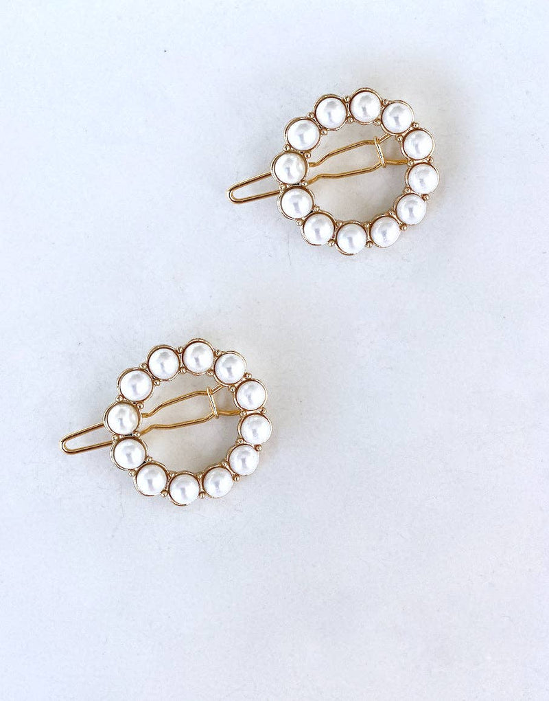 2pc Pearl Circle Gold Mini Barrette Set